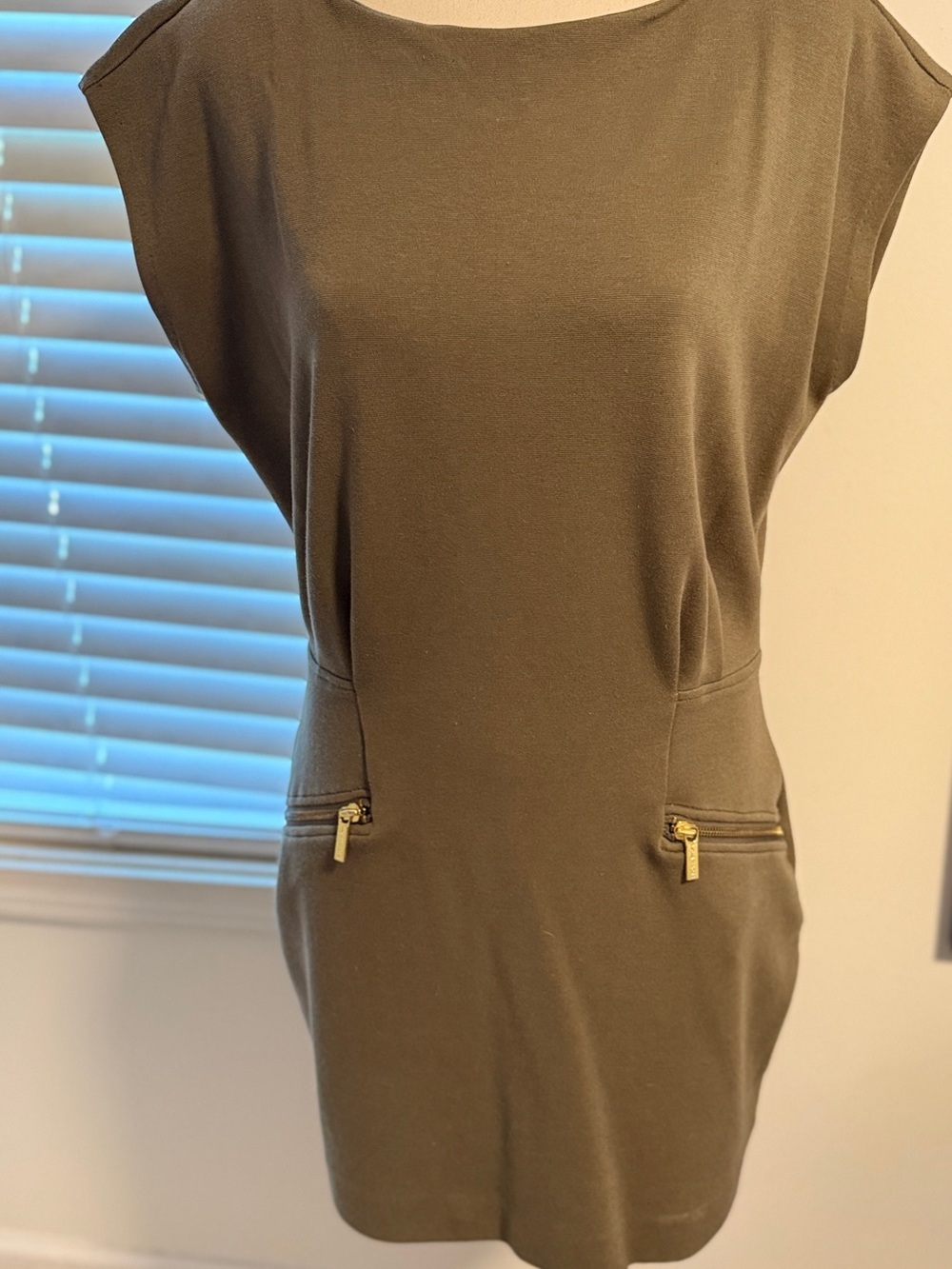 Olive Green Ponte Sheath Dress with Gold Zippers